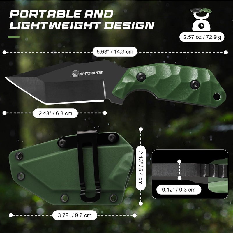 SPITZKANTE Neck Knife with Sheath and Necklace X-TAN-K, Full Tang Tanto Knife with 5Cr14MoV Steel Blade and Green ABS Handle, Horizontal Carry Knives - Image 5